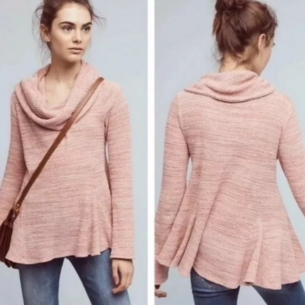 Anthropologie Postal Stamp Cowl Neck Sweater Size Small Marled Peach
